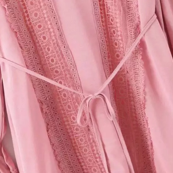 Pink Crochet Fringe Bell Sleeve Boho Gypsy Dress - Picture 5 of 11